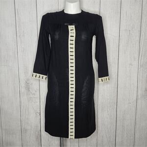 VTG 60s 70s LBD Black Dress w Bow and Crochet Lace Stripe, size Large